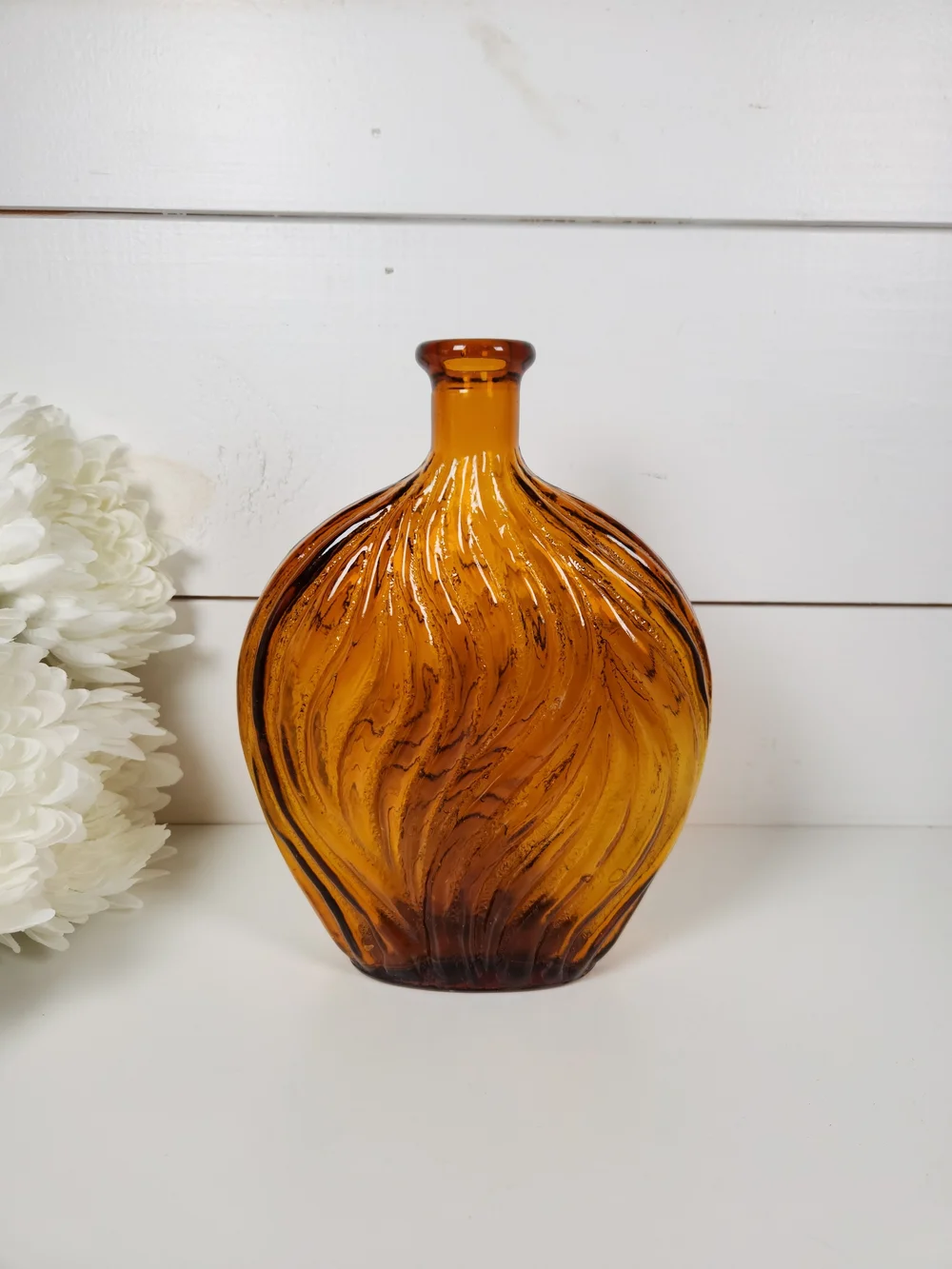 Vintage Amber Glass Textured Swirl Bottle | Mid Century Modern Art Vase | MCM